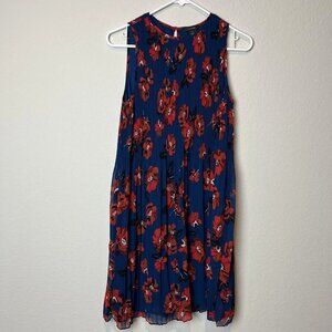 Halogen Dress Womens Blue Red Floral Pleated Sleeveless Shift Lined Chiffon
